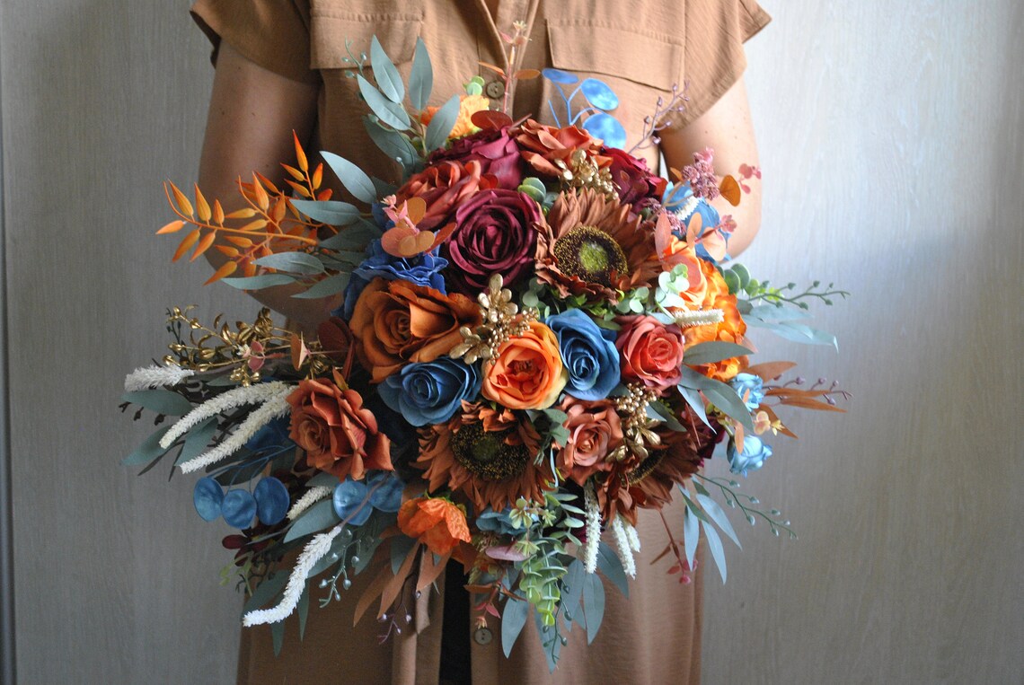 Rust Teal Burgundy Gold Bridal Bouquet, Fall Wedding Silk Flowers, Cascading Bouquet Etsy Canada