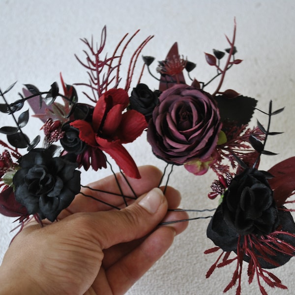 Burgundy black hair pins, Wedding hair piece, Gothic wedding hair accessories