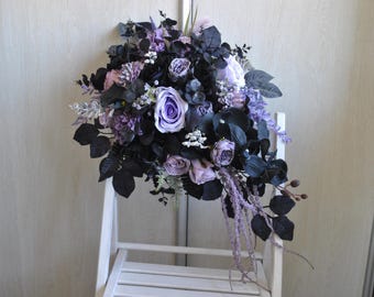 Black dusty purple wedding bouquet, Gothic wedding flowers bouquet, Cascading bouquet, Halloween wedding