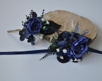 Black navy blue boutonniere, Gothic wedding boutonniere, Silk flowers buttonhole
