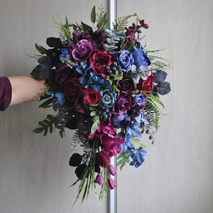 Purple magenta teal wedding bouquet, Jewel tohe wedding flowers, Emerald green moody wedding, Cascading bouquet