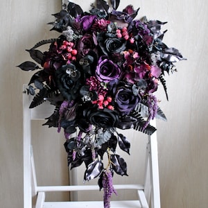 Purple black bouquet, Gothic wedding bouquet,  Halloween wedding, Cascading bouquet