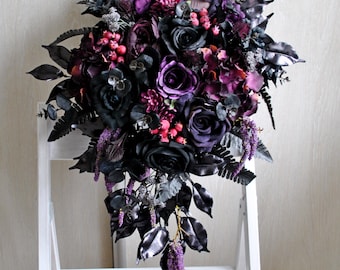 Purple black bouquet, Gothic wedding bouquet,  Halloween wedding, Cascading bouquet