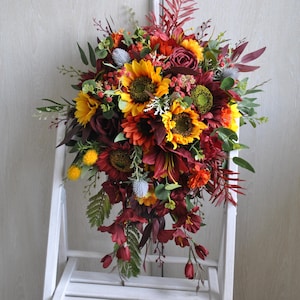 Burgundy Sunflower Wedding Bouquet: Cascading Silk Flowers, Velvet Ribbon