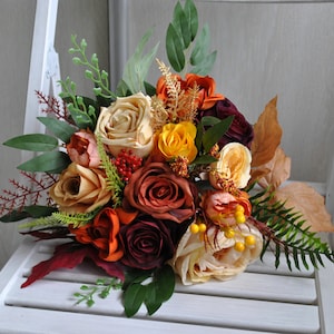 Fall wedding bouquet, Rust burgundy orange bouquet, Cascading bouquet, Boho wedding