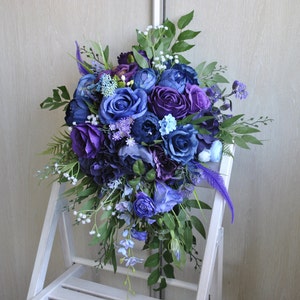 Purple blue wedding bouquet,  Cascading bouquet, Fall wedding bridal bouquet