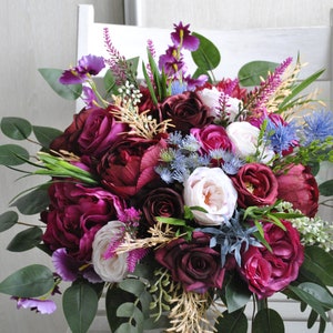 Emerald green hot pink bridal bouquet, Jewel tone wedding bouquet, Fall wedding
