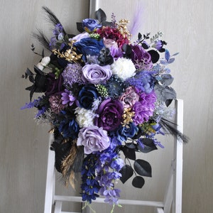 Purple lilac blue gold bouquet, Jewel tone bridal bouquet, Gothic wedding bouquet, Cascading bouquet