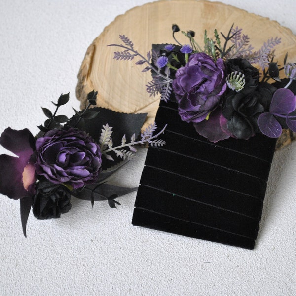 Deep purple black pocket boutonniere, Gothic wedding, Black boutonniere for men