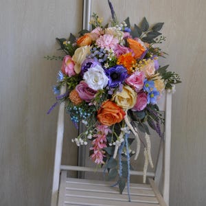 Wildflower bridal bouquet, Jewel tone bouquet, Orange hot pink purple bouquet, Colorful  bouquet