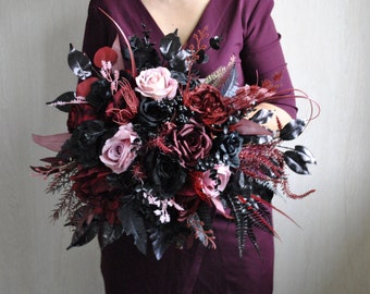 Burgundy dusty rose bridal bouquet, Goth wedding bouquet, Halloween wedding