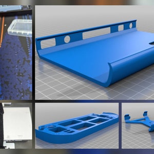 May include: Three different 3D printed blue plastic cases for a Nintendo Switch console. The cases are designed to protect the console and allow for different ways to use it.