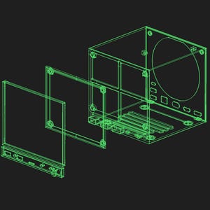 Op de afbeelding: Een felgroen 3D-draadmodel van een computerbehuizing in een geëxplodeerd aanzicht. Het ontwerp bevat een hoofdchassis met een cirkelvormige uitsparing, een rechthoekig zijpaneel en een voorpaneel, allemaal weergegeven met dunne lijnen.