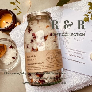 R & R : GIFT COLLECTION ~ Botanical Bath Salts + Rose Geranium and Lavender Candle + Organic Eye Pillow