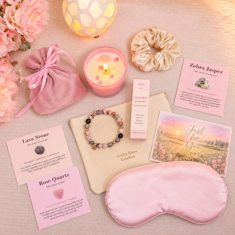 Self-Care Gift Hamper for Her, Crystal Candle, Bracelet, Sleep Mask & Oils image 3