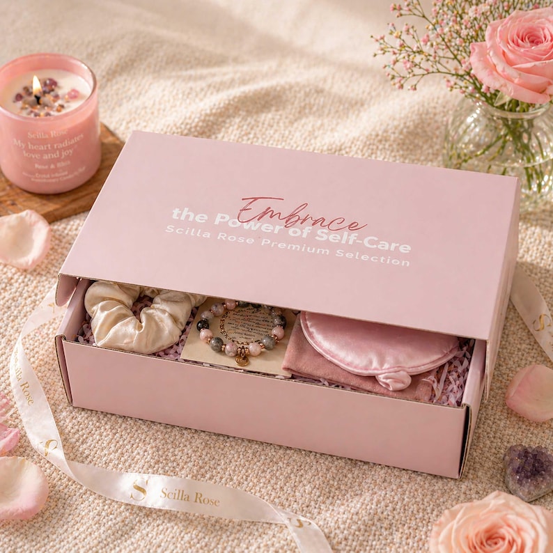 May include: A rectangular light pink gift box with the text Embrace the Power of Self-Care Scilla Rose Premium Selection. Inside the box are a cream-coloured scrunchie, a beaded bracelet with multi-coloured stones, and a pink fabric eye mask.