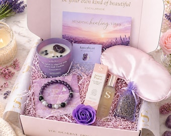 Crystal Healing Self Care Gift Box with Amethyst Bracelet, Lavender Candle & Aromatherapy Oil