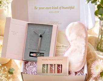 Calming Gift Set: Breathing Necklace, Essential Oils, Silk Sleep Mask | Self-Care Relaxation Box