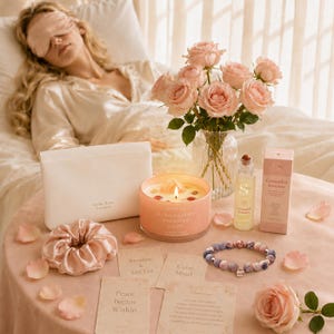 May include: A collection of wellness items including a pale pink pouch, a scented candle with crystals, a roller bottle labelled Grounded Serenity, a satin scrunchie, a beaded bracelet, and affirmation cards, all arranged with a bouquet of pale pink roses.