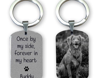 May include: A silver keychain with a black and white photo of a dog on one side and a silver tag with the text "Once by my side, forever in my heart" and a paw print with the name "Buddy" on the other side.