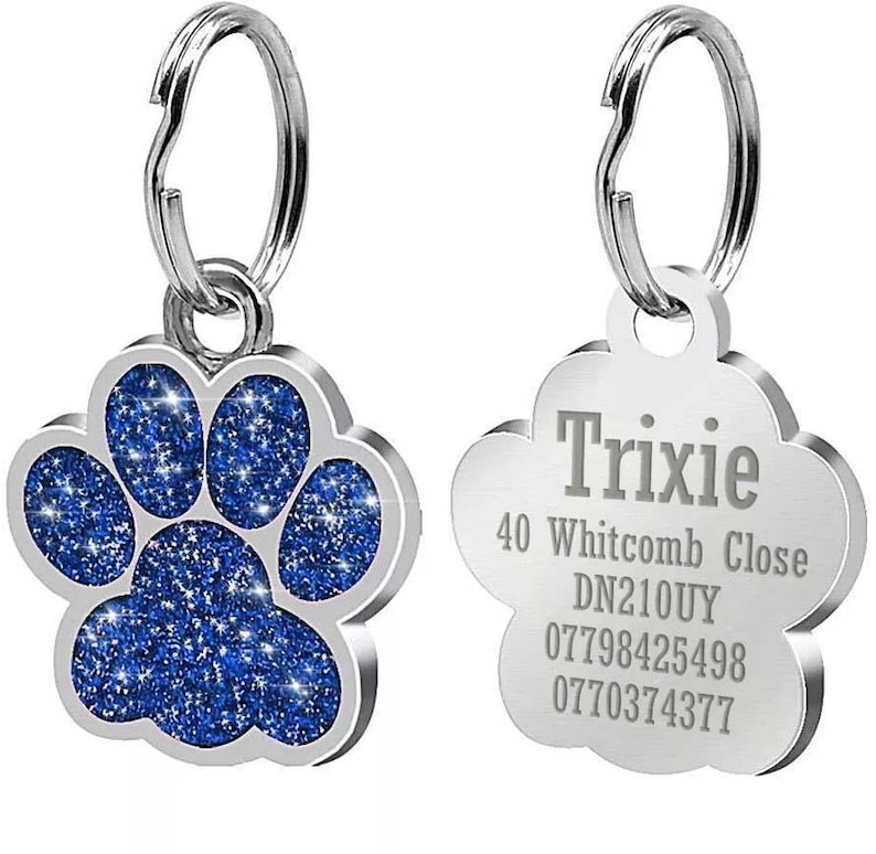 May include: A silver dog tag with a blue glitter paw print on one side and the text "Trixie", "40 Whitcomb Close", "DN210UY", "07798425498", and "0770374377" on the other side.
