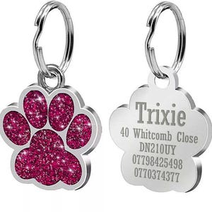 May include: Silver dog tag with a pink paw print design on one side and the text "Trixie", "40 Whitcomb Close", "DN210UY", "07798425498", and "0770374377" on the other side.