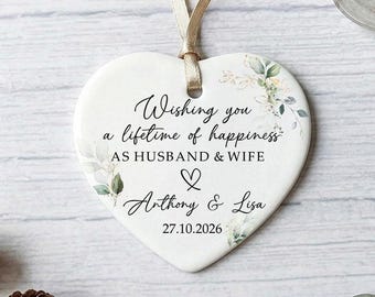 Personalized Ceramic Heart Ornament Wedding Gift for Husband and Wife, Custom Keepsake Decoration with Ribbon for Newlyweds