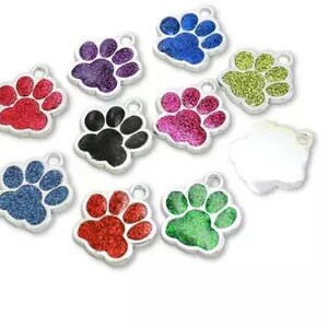 May include: Assortment of ten silver paw print charms with glitter accents. The charms are in various colors, including red, blue, green, pink, purple, and black.