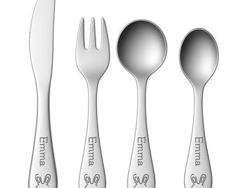 Personalised Kids Cutlery 4PCS Set with Name & Cute Icon – Stainless Steel Toddler Utensils Gift for Birthday, Baby Shower or Christmas