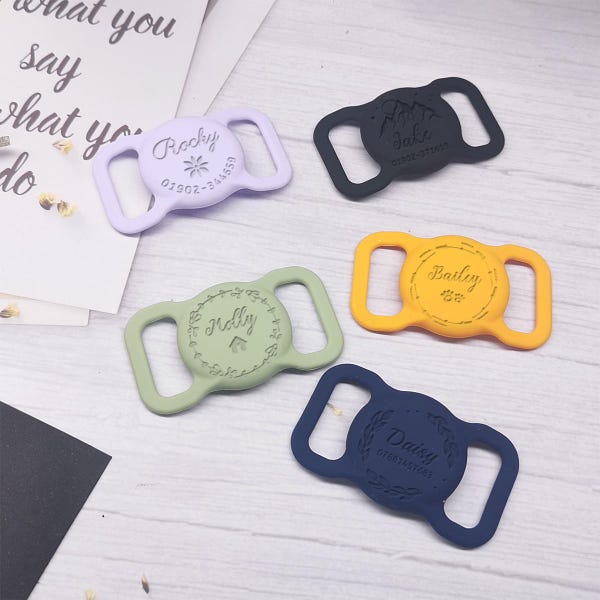 Pet AirTag Collar Holder,Slide on Dog Name Tag,airtag holder for cat collar,Silicone Slient Air Tag Case,Engraved AirTag Case for Dog Collar