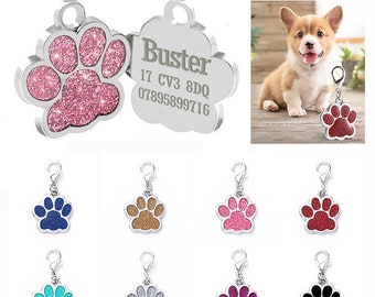 Personalised Dog Tag Engraved Pet ID Collar Zinc Alloy Customised Puppy Name Charm Glitter Neck Sparkly Glitter Bling Paw Print Tag