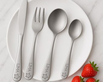 Personalised Kids Cutlery 4PCS Set with Name & Animal Icon – Stainless Steel Toddler Utensils Gift for Birthday, Baby Shower or Christmas