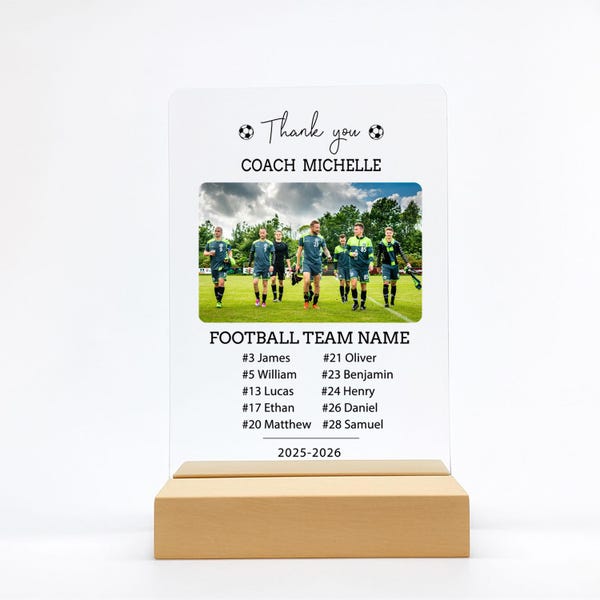 Plaque personnalisée de remerciement pour entraîneur d'équipe de football avec photo, cadeau d'équipe de football personnalisé pour entraîneur, souvenir d'équipe de fin de saison