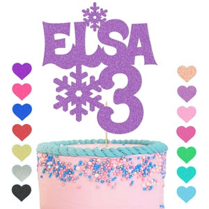 Decoración personalizada para tarta con tema de FROZEN, nombre personalizado y edad, copos de nieve, purpurina, decoración para fiesta de cumpleaños para niños y niñas