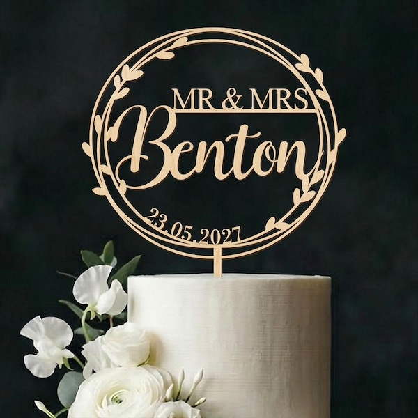 Personalised Wedding Cake Topper | Custom Mr and Mrs Surname | Wood Floral Wreath Sign | Engagement Anniversary Gift for Couple | Bride Gift