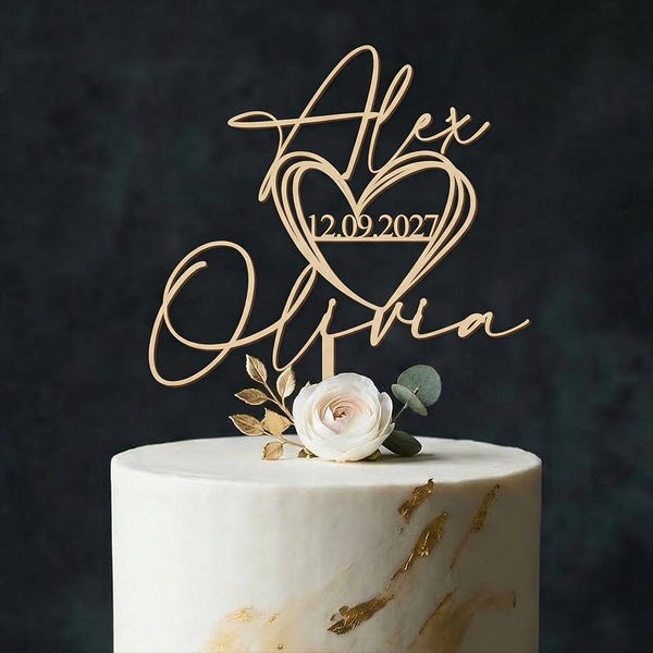 Personalised Double Heart Wedding Cake Topper with Names & Date , Rustic Wooden Wedding Day Decoration,  Engagement, Anniversary