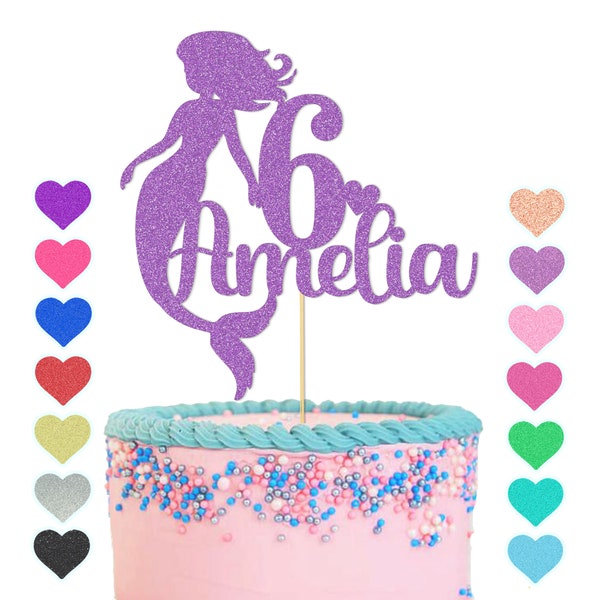 Personalised Mermaid Cake Topper Custom Name & Age Glitter  Happy Birthday Party Decor for Kids Baby Girl Daughter 2 3 5 6 8 10