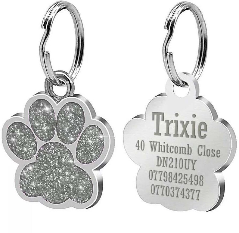 May include: Two silver dog tags with a paw print design. One tag has a sparkly paw print and the other has the text "Trixie", "40 Whitcomb Close", "DN210UY", "07798425498", and "0770374377".