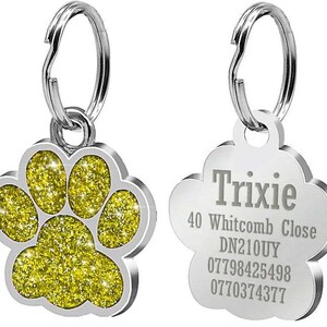 May include: Two silver dog tags with a paw print design and text. The paw print tag has a sparkly gold finish. The text tag reads "Trixie 40 Whitcomb Close DN210UY 07798425498 0770374377".