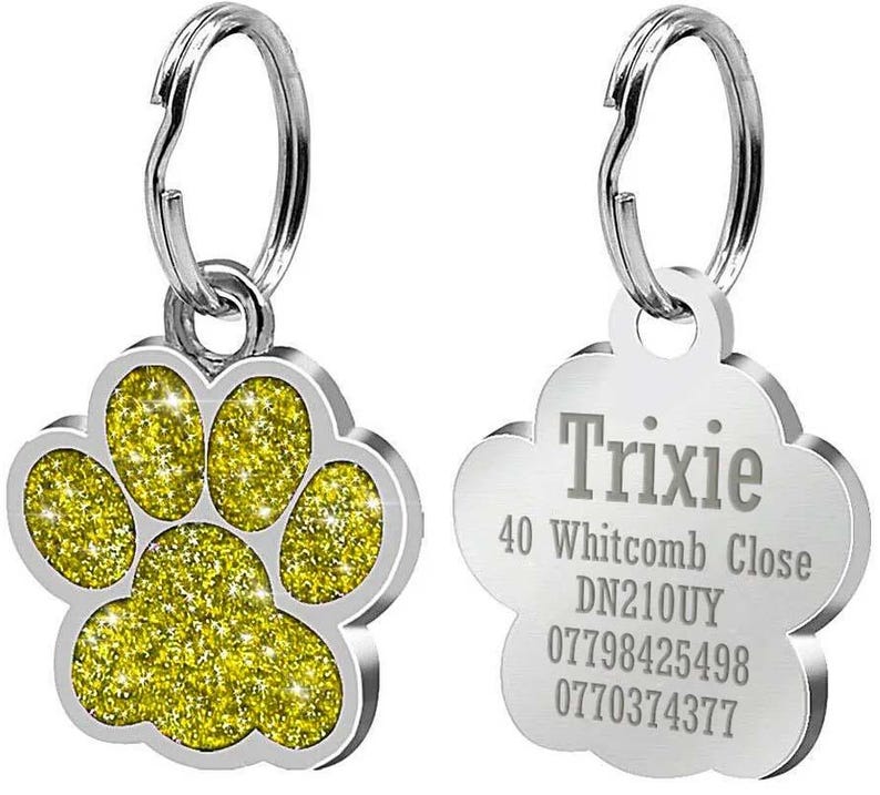 May include: Two silver dog tags with a paw print design and text. The paw print tag has a sparkly gold finish. The text tag reads "Trixie 40 Whitcomb Close DN210UY 07798425498 0770374377".