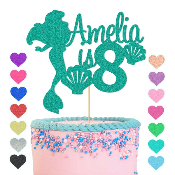 Personalised Mermaid Theme Cake Topper Custom Glitter Happy Birthday Party Decoration Child Kids  Baby Girl 1st 2nd 3rd 5th 10th 13th