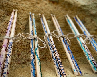 5A Fractal Wood Burned Drumsticks - Large Musician Drumsticks - Personalized - Custom-Made - Color Options