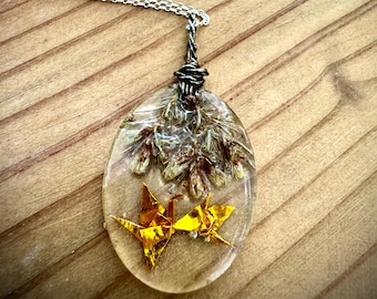 Origami Crane Resin Pendant | Alaskan Plants, Copper Wire-Wrapped