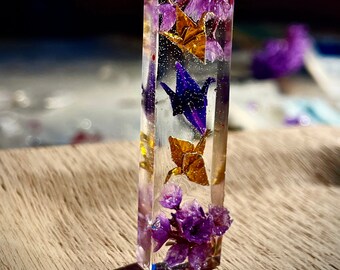 Floral Origami Crane Resin Pendant | Long Necklace