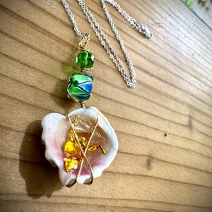 Origami Crane Pendant with Wire Wrapped Glass Beads | Shell Pendant Necklace | Miniature Origami | Gold Cranes
