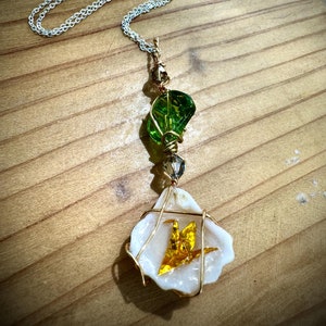 Origami Crane Pendant with Wire Wrapped Sea Glass | Shell Pendant Necklace | Miniature Origami | Gold Cranes