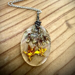 Origami Cranes Clear Pendant with Floral Plants | Clear Resin Pendant | Mini Gold Cranes Jewelry