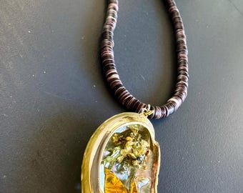 Origami Crane Shell Pendant Necklace: Gold Trim, Pooka Shell Chain