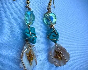 Origami Crane Earrings | Turquoise, Shell & Glass Bead Dangle