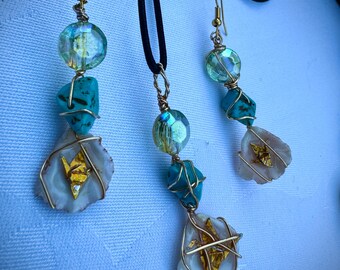 Origami Crane Shell Pendant Necklace | Turquoise & Glass Beads